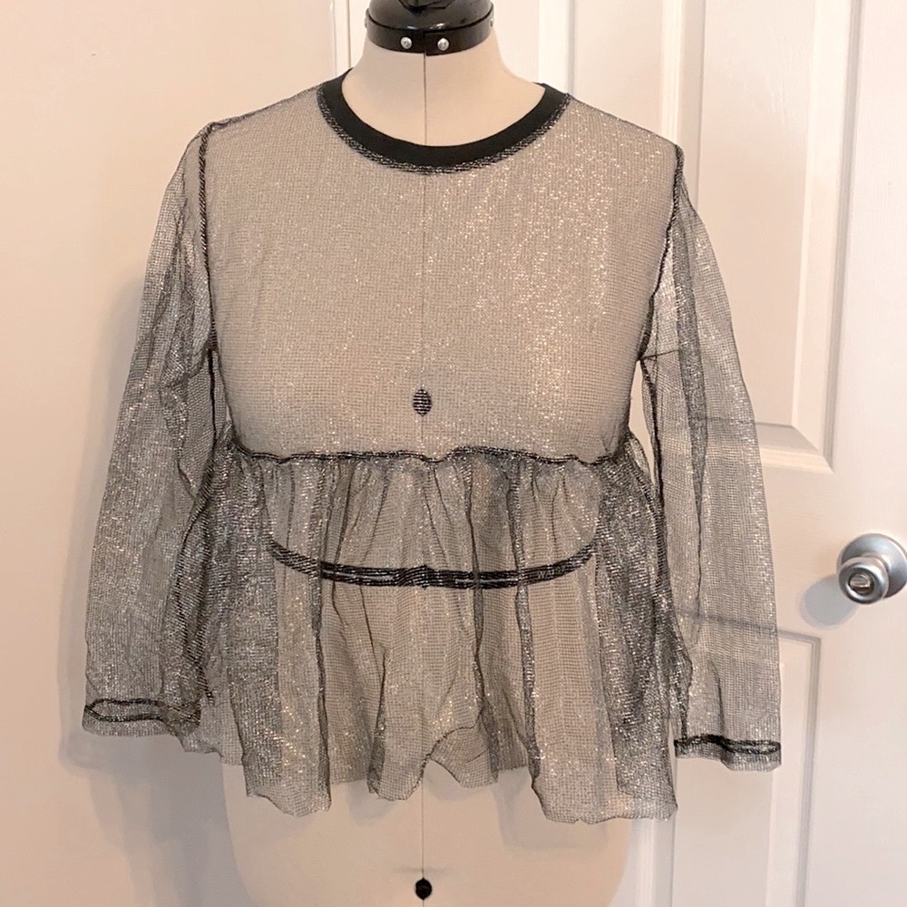 Black and silver mesh peplum top